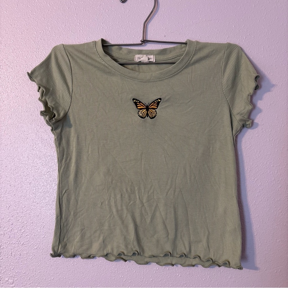 #0043 Heart & Hips Light Green Ribbed Top with Butterfly Accent‎